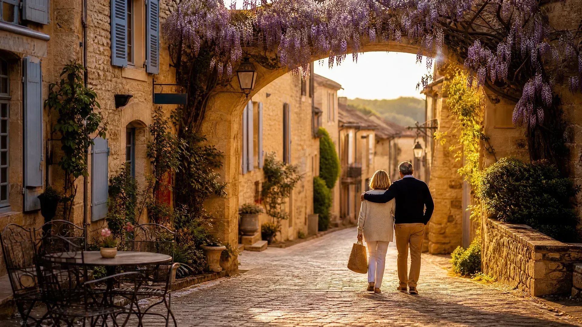 Couple walking through a charming French village street